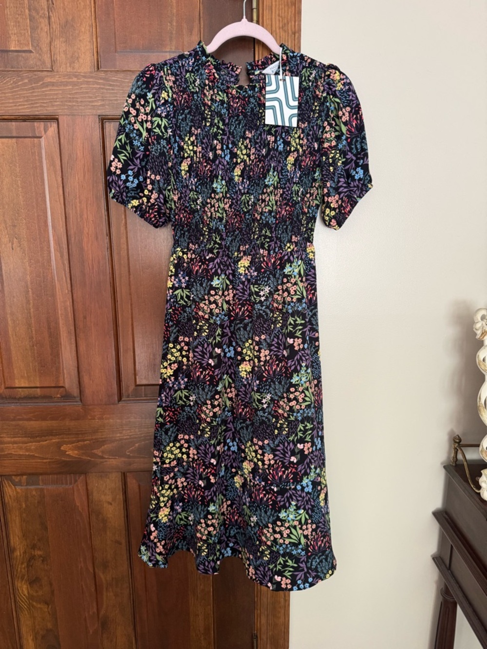Market & Spruce Black Floral Smocked Midi Dress